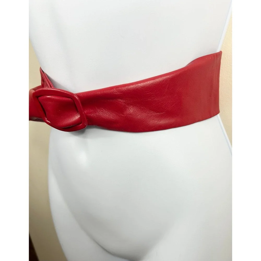 VTG St Michael Leather Belt Women 25-26 XS Red Wide Cinch Waist Sash UK Chic 90s